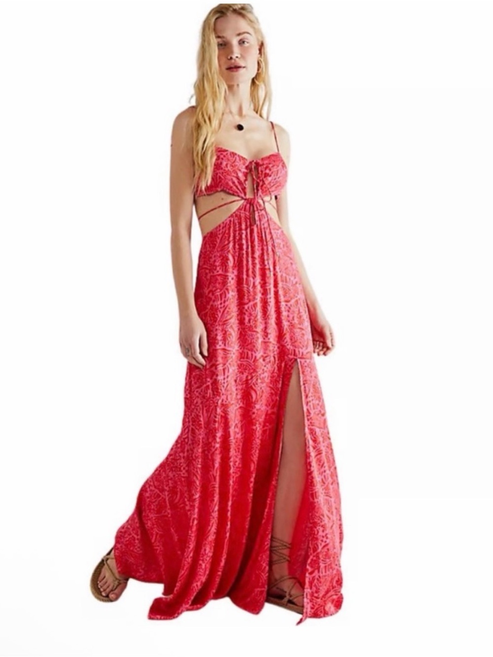 Free People JessaBright Pink & Red Smocked Maxi Dress with side slit XS